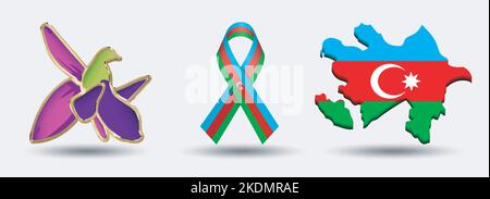 Khari Bulbul - Ophrys Caucasica Flower Vector Illustration. Xarı bulbul fiore vettore realistico. Nastro bandiera dell'Azerbaigian. Giornata della memoria in Azerbaigian. mappa 3d. Illustrazione Vettoriale