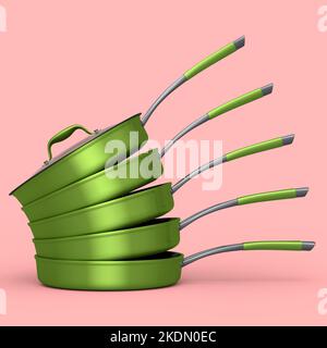 Impilare la padella con il coperchio di vetro su sfondo rosa. 3d resa degli utensili da cucina antiaderenti Foto Stock