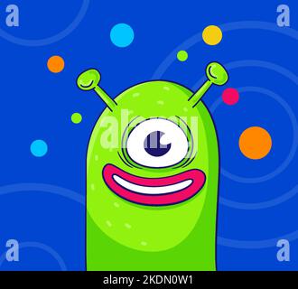 Adesivo retro cartone animato verde alieno con un occhio, che sbirciano sorridendo con la bocca spalancata su sfondo blu spazio. Pianeti, stelle, spazio, hippster Illustrazione Vettoriale