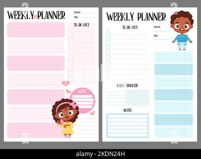 Pianificatore per bambini. Organizzatore settimanale, elenco di cose da fare, note e abitudine tracker con carino cartone animato nero etnia ragazzo e ragazza. Vettore di raccolta verticale templ Illustrazione Vettoriale
