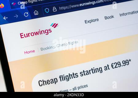 Pagina di prenotazione dei voli per Eurowings GmbH - vettore tedesco a basso costo con sede a Düsseldorf e filiale al 100% del Gruppo Lufthansa Foto Stock