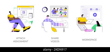 La piattaforma di e-learning è caratterizzata da un set di illustrazioni vettoriali isolate per cartoni animati. Allega attività, condividi video, spazio di lavoro in aula virtuale, formazione a distanza e cartoni animati vettoriali per videoconferenze. Illustrazione Vettoriale