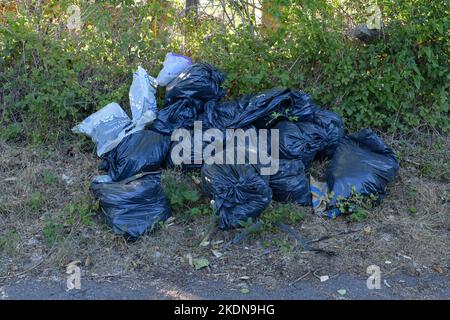 Sacchi neri riempiti di rifiuti scaricati dal lato di una strada rurale, Inghilterra, Regno Unito Foto Stock