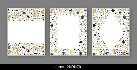 Bordi lineari in oro nero con fiocco di neve. Buon Natale e buon anno biglietto di auguri modello poster. Inverno sfondo stella di ghiaccio ornato. Copia spazio cornice fiocchi di neve. Decorazioni in lettere natalizie Illustrazione Vettoriale