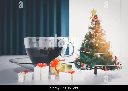 Tazze per caffè. Su un tavolo coperto di alberi di Natale e scatole di regalo. Una mattina in vacanza. 3D Foto Stock