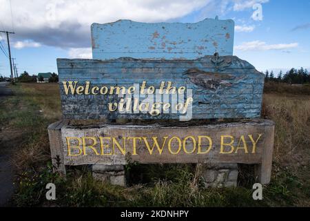 Cartello di benvenuto a Brentwood Bay Foto Stock