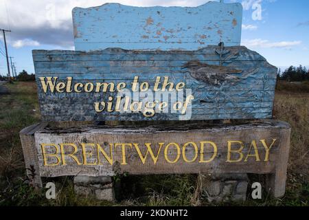 Cartello di benvenuto a Brentwood Bay Foto Stock