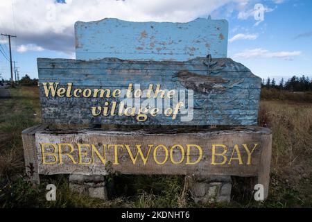 Cartello di benvenuto a Brentwood Bay Foto Stock