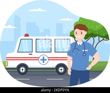 Auto ambulanza veicolo medico o servizio di emergenza per il ritiro del paziente il ferito in un incidente in Cartoon piano modelli disegnati a mano Illustrazione Illustrazione Vettoriale