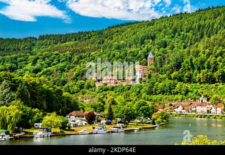 Castello di Zwingenberg sopra il fiume Neckar a Odenwald - Baden-Wurttemberg, Germania Foto Stock