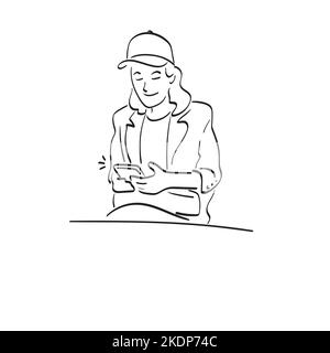 line art donna d'affari con cappuccio utilizzando smartphone illustrazione vettore disegnato a mano isolato su sfondo bianco Illustrazione Vettoriale