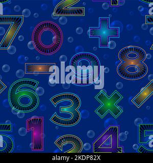 Pattern senza giunture, numeri su sfondo blu affiancato con bolle. Vettore Illustrazione Vettoriale