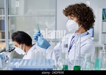 Giovane scienziata femminile in respiratore, camice da laboratorio e guanti protettivi che guardano il pallone con liquido blu contro il collega Foto Stock