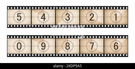 Striscia di pellicola grunge con conto alla rovescia del tempo del film. Conto alla rovescia per la cinematografia retrò, il tempo del clip video conto alla rovescia per lo sfondo vettoriale grunge. Numeri timer di avvio animazione, striscia di pellicola o cornice nastro Illustrazione Vettoriale