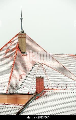 Particolare di tegole coperte di neve in città Foto Stock