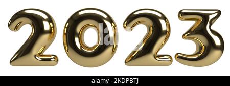 Oro numeri 2023 in stile fumetto puffy. 3D segno realistico. Simbolo dell'evento di Capodanno. 3d rappresentazione dell'illustrazione isolata su sfondo bianco Foto Stock