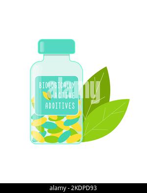 Bottiglia biologicamente attivi additivi BAA integratori alimentari, vitamine, compresse antiossidanti, capsule per la salute. Illustrazione vettoriale Illustrazione Vettoriale