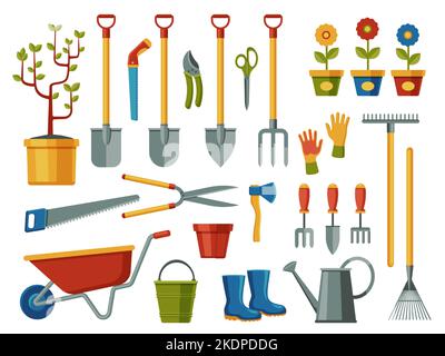 Attrezzi da giardino. Attrezzature agricole con pala rastrello stivali in gomma secateurs taglierina guanti rasaerba, cartoni animati piani icone di giardinaggio. Vettore Illustrazione Vettoriale