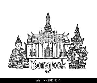 Wat Phra Kaew, il Grand Palace con il Buddha di Smeraldo e il gigante di Yaksha. Tempio buddista tailandese e destinazioni di viaggio a Bangkok, Thailandia. Vettore. Illustrazione Vettoriale