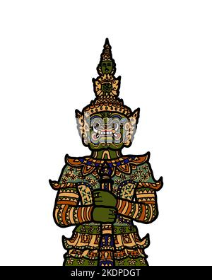 Illustrazione di uno yaksha tailandese o yak di nome Tossakan, un gigante demone guardiano a Wat Phra Kaew e un personaggio a Ramakien. Illustrazione Vettoriale