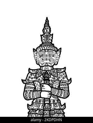 Illustrazione di uno yaksha tailandese o yak di nome Tossakan, un gigante demone guardiano a Wat Phra Kaew e un personaggio a Ramakien. Illustrazione Vettoriale