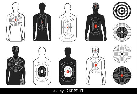 Bersaglio umano. Shoot gamma carta con silhouette uomo, pistola proiettile sparato per arco da fuoco militare puntelli freccette bordo. Raccolta con isolamento vettoriale Illustrazione Vettoriale