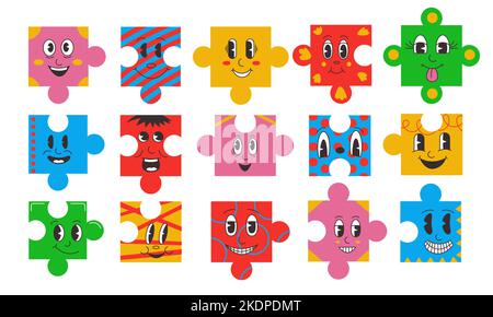 Personaggi puzzle. Fumetto emozioni faccia su puzzle pezzi forme, astratto carino viso emoji piatto doodle design. Set con isolamento vettoriale Illustrazione Vettoriale