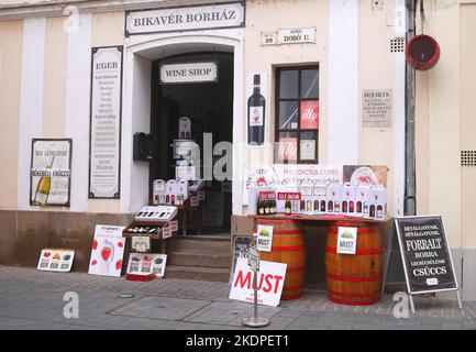 Esposizione di vini in vendita al di fuori di un venditore di vino tradizionale, Eger, Ungheria Foto Stock