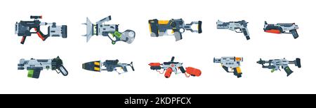 Blaster di gioco. Pistola spaziale cartoon per giochi per bambini, futuristico alieno laser arma plastica manico pistola giocattoli UI elementi di design. Set vettoriale Illustrazione Vettoriale