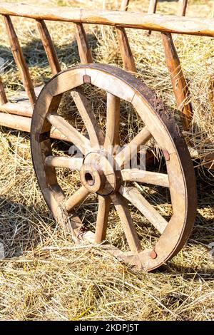Vecchio carro agricolo in legno con ruote tradizionali in legno e un bordo di ferro arrugginito. Ruota carrozza in legno d'epoca con bordo arrugginito di un vecchio carrello Foto Stock