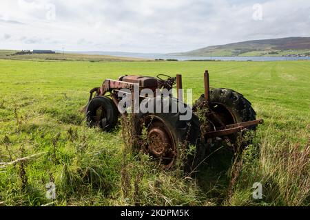 Il vecchio trattore arrugginito si trova abbandonato in un campo, Wyre Island, Orkney, Regno Unito Foto Stock