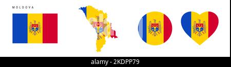 Icona della bandiera Moldova impostata. Pennant moldavo in colori e proporzioni ufficiali. Rettangolare, a forma di mappa, circolare e a forma di cuore. Illustratio del vettore piatto Illustrazione Vettoriale