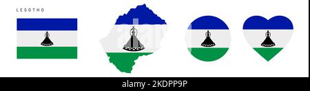 Set di icone bandiera del Lesotho. Regno del Lesotho pennant in colori e proporzioni ufficiali. Rettangolare, a forma di mappa, circolare e a forma di cuore. Vettore piatto il Illustrazione Vettoriale