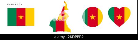Icona bandiera Camerun impostata. Pennant cameroiano in colori e proporzioni ufficiali. Rettangolare, a forma di mappa, circolare e a forma di cuore. Illustrazione vettoriale piatta Illustrazione Vettoriale