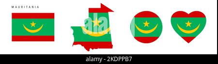 Icona della bandiera della Mauritania impostata. Pennant mauritano in colori e proporzioni ufficiali. Rettangolare, a forma di mappa, circolare e a forma di cuore. Lust vettoriale piatto Illustrazione Vettoriale