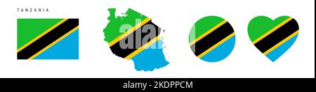 Icona bandiera Tanzania impostata. Pennant tanzaniano nei colori e nelle proporzioni ufficiali. Rettangolare, a forma di mappa, circolare e a forma di cuore. Vettore piatto illustrati Illustrazione Vettoriale