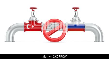 Flusso turco. Pipeline tra Russia e Turchia su sfondo bianco. Illustrazione 3D isolata Foto Stock