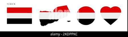 Icona bandiera Yemen impostata. Yemeniti pennant in colori e proporzioni ufficiali. Rettangolare, a forma di mappa, circolare e a forma di cuore. Immagine vettoriale piatta iso Illustrazione Vettoriale