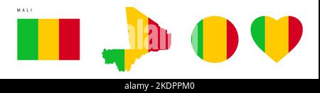 Icona bandiera Mali impostata. Pennant Maliano in colori e proporzioni ufficiali. Rettangolare, a forma di mappa, circolare e a forma di cuore. Isolo di illustrazione del vettore piatto Illustrazione Vettoriale