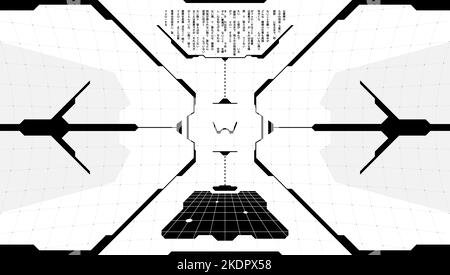 Obiettivo del display head-up della tecnologia virtuale VR HUD. Interfaccia futuristica digitale schermo visore ciberpunk hi-tech. INTERFACCIA utente GUI FUI cruscotto navicella spaziale bianco e nero con codice programma. Vettore Illustrazione Vettoriale