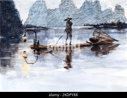 Pesca tradizionale sul fiume li. Carbone e acquerello su carta. Foto Stock
