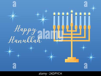 Biglietto d'auguri Hanukkah. Illustrazione vettoriale con tradizionale simbolo di festa religiosa ebraica. Portacandele lucente. Menorah con bando bruciante Illustrazione Vettoriale