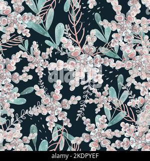 Motivo senza cuciture di rami, fiocchi di neve ed elementi in argento su sfondo scuro. Acquerello. Oggetto isolato. Design per cartoline, inviti, tex Foto Stock