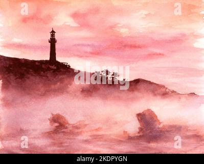 Litorale con faro. Acquerello su carta. Foto Stock