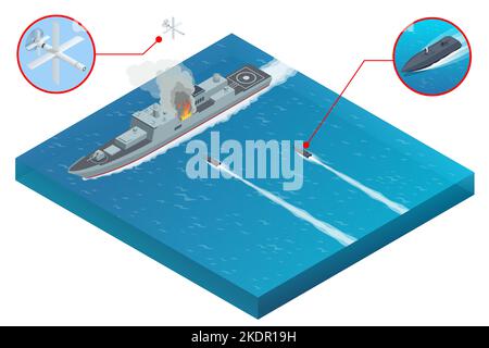 Attacco isometrico di una nave militare da guerra con droni aerei e droni militari di superficie marittima. I droni militari possono essere controllati sia manualmente Illustrazione Vettoriale