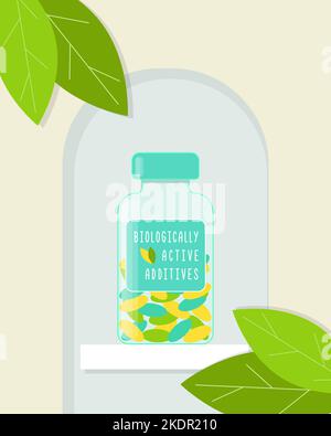 Bottiglia biologicamente attivi additivi BAA integratori alimentari, vitamine, compresse antiossidanti, capsule per la salute. Illustrazione vettoriale Illustrazione Vettoriale
