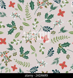 Natale piante rami e frutti di bosco senza cuciture modello. Inverno Natale vacanze grigio festive wrap carta design Illustrazione Vettoriale