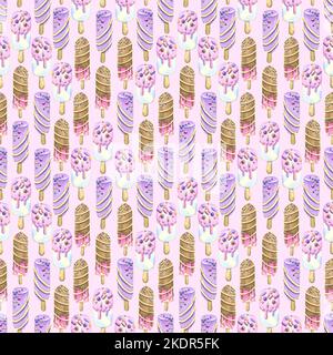 Gelato su un bastone, ghiacciata pop-sicle con pasta spolverata su sfondo rosa. Illustrazione dell'acquerello. Modello senza giunture da un grande set DI GHIACCIO Foto Stock