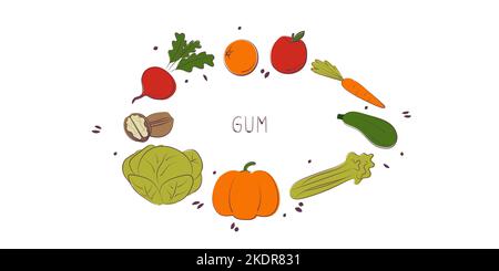 Cibo contenente gomma. Gruppi di prodotti sani contenenti vitamine e minerali. Set di frutta, verdura, carne, pesce e latticini Illustrazione Vettoriale