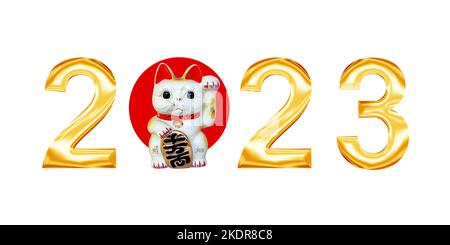 Lettere dorate 2023 con giapponese maneki neko (gatto fortunato) isolato su sfondo bianco, biglietto di auguri di nuovo anno Foto Stock
